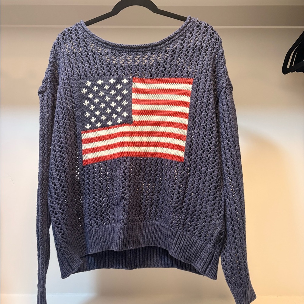 Lucky Brand Navy Open-Knit Sweater with Red White Stars & Stripes Flag
